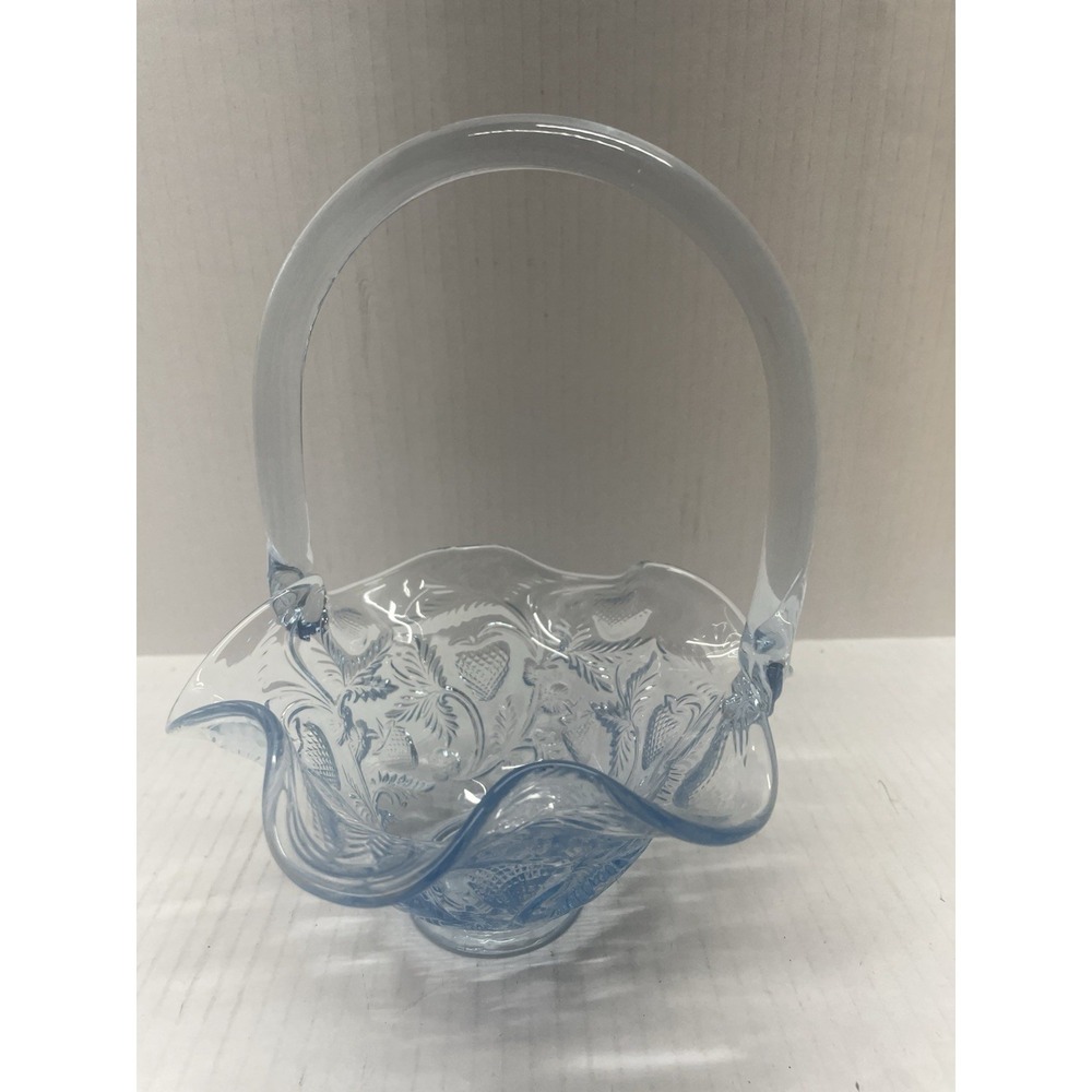 Fenton Vintage Ice Blue Strawberry Patterned Glass Basket Candy Basket